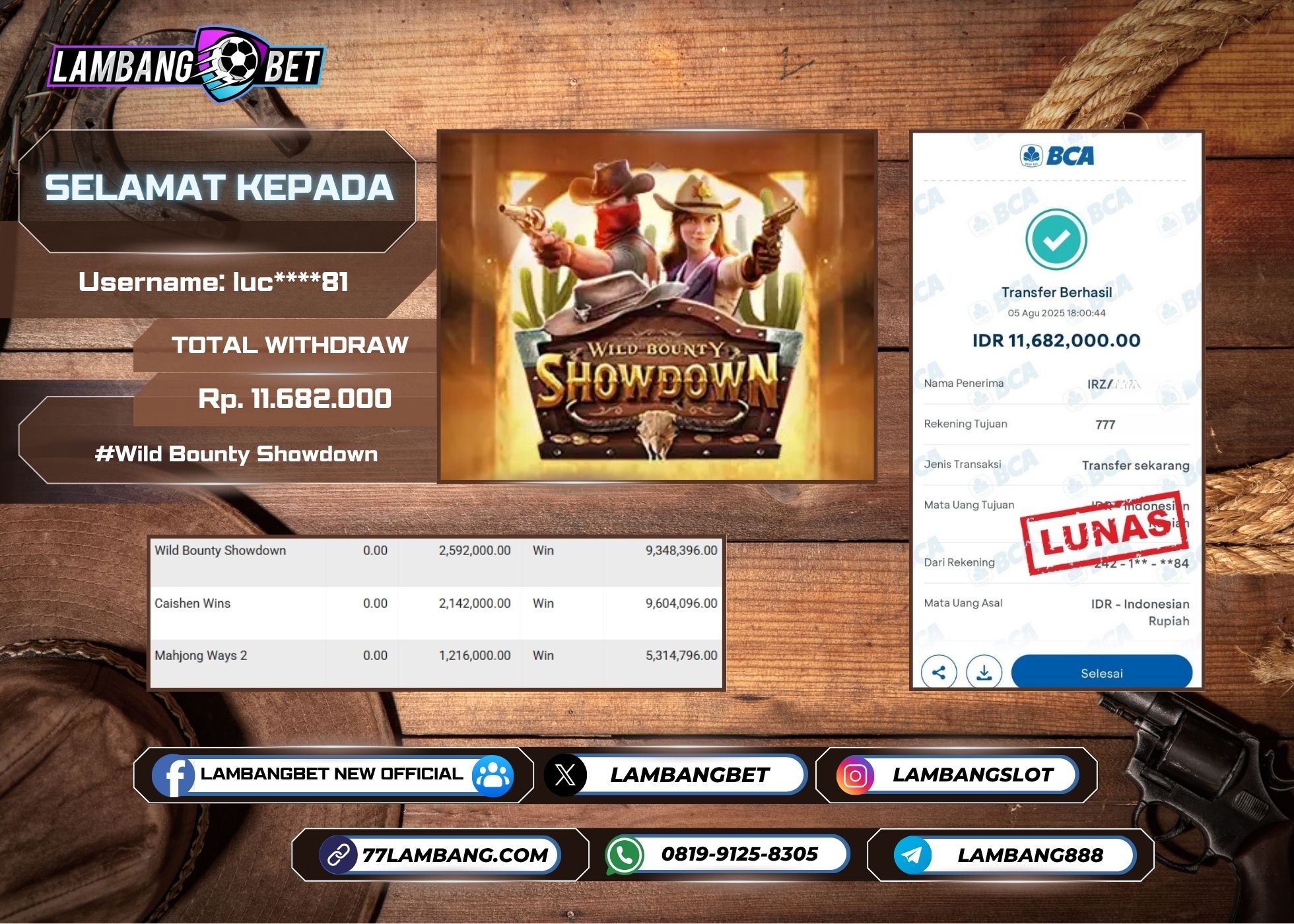 LAMBANGBET [5 AUGUST 2025] JACKPOT SLOT Wild Bounty Showdown "Rp11.682.000" LUNAS